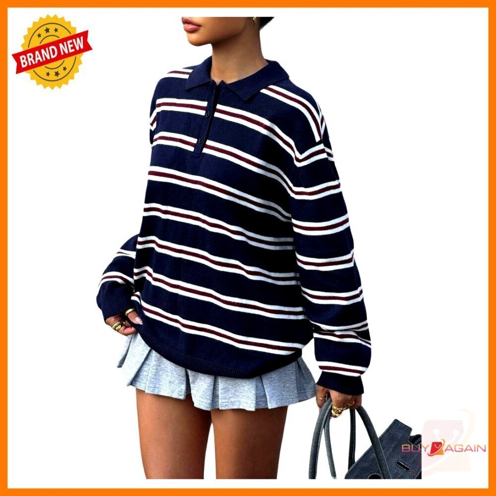 Striped Collared Knit Pullover Sweater Long Sleeve Preppy Casual Trendy Tops